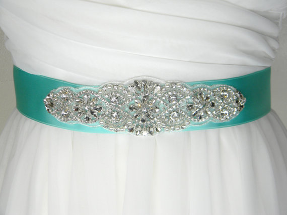زفاف - Aqua Bridal Sash - Bridal Belt - Sash Belt - Crystal Rhinestone and Pearl Wedding Dress Belt - Aqua Wedding Belt - ALEXA
