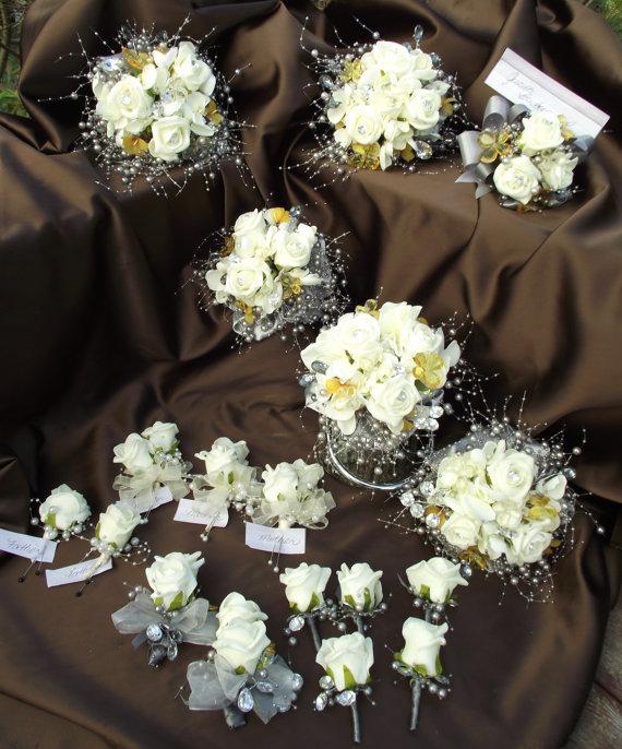 زفاف - Finished Custom listing for Jacqueline: yellow and grey wedding package, grey bridesmaid bouquet, pearl bridesmaid bouquet, etsy wedding