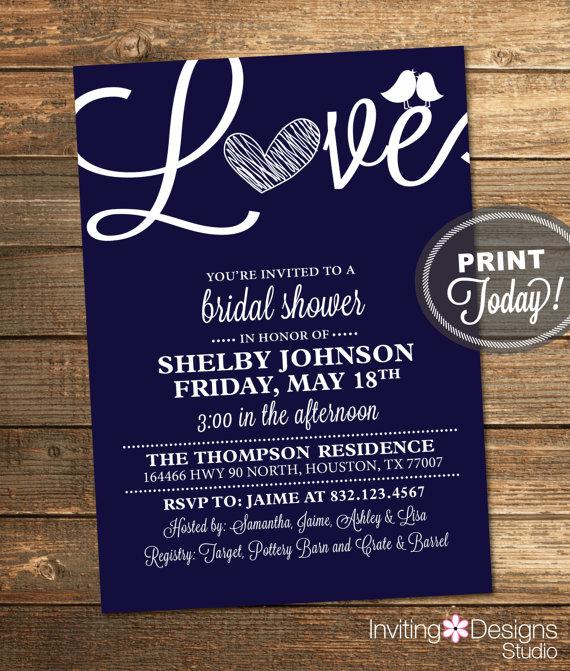 Mariage - Bridal Shower Invitation, Love, Birds, Heart, Blue, Navy Blue, White, Modern, Printable File (Custom, INSTANT DOWNLOAD)