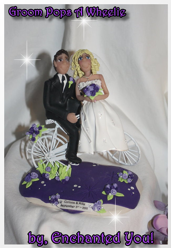 Hochzeit - Groom Pops A Wheelie Wedding Cake Topper Personalized Bicycle