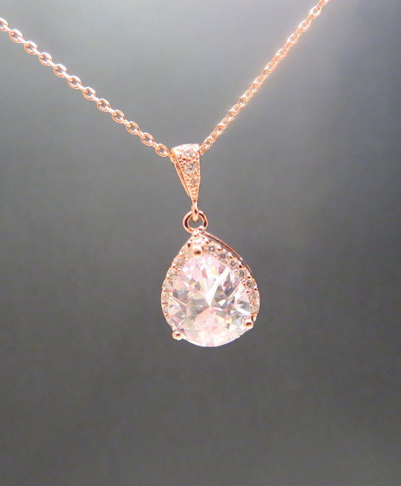 زفاف - Rose gold Bridal necklace, Crystal Wedding necklace, Rose gold Bridesmaid necklace, Rose gold jewelry