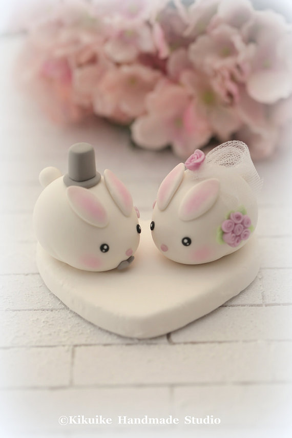 زفاف - Kawaii  rabbit and bunny handmade wedding cake topper