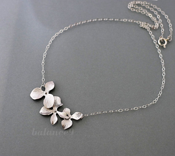 Wedding - Orchid Flower Necklace, sterling silver chain, trio, delicate charm pendant, bridesmaid wedding, everyday  jewelry, by balance9