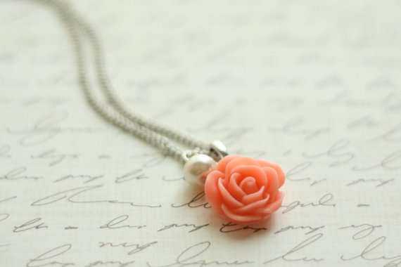 Wedding - Coral Rose Necklace - Bridesmaid Necklace - Coral Flowergirl Necklace - Coral Wedding - Vintage Wedding - Coral Rose Necklace