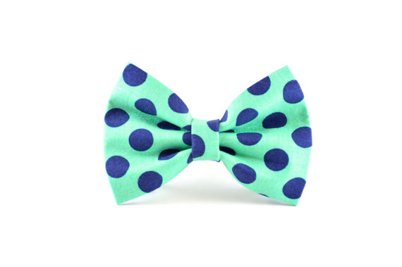 زفاف - Turquoise Dog Bow Tie - Teal Aqua and Navy Blue Polkadot Detachable Dog and Cat Bow Tie