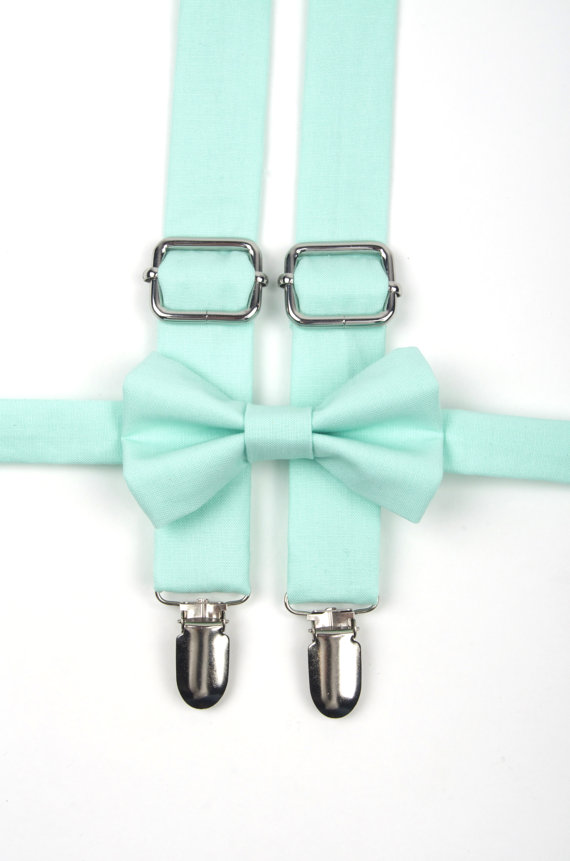 Свадьба - Mint bow tie & suspenders, mint suspenders, mint green bow tie, ring bearer outfit, mint wedding, boys mint bow tie, toddler suspenders