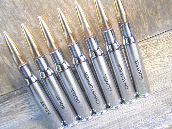 Свадьба - 5 Engraved Chrome Groomsmen Gifts 50 Caliber Personalized Bottle Openers. Groom Gift. Father of the Bride Gift. Groomsman Gift