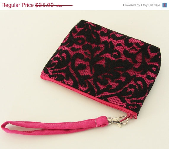 Mariage - Sale 10% Off Angela Wristlet - Pink and Black Lace Clutch, Lace Wedding Clutch, Dark Pink Clutch, Pink Bridesmaid Clutch, Bridesmaid Gift Id