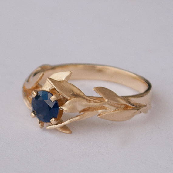 زفاف - Leaves Engagement Ring No.4 - 14K Gold and Sapphire engagement ring, engagement ring, leaf ring, filigree, antique, art nouveau, vintage