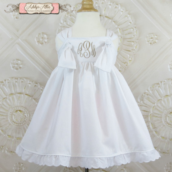 Hochzeit - White Knot Dress, Monogrammed Dress, Wedding Dress, Flower Girl Dress, Beach Dress, Toddler Girls Dress, Baby Girl, Baptism Dress