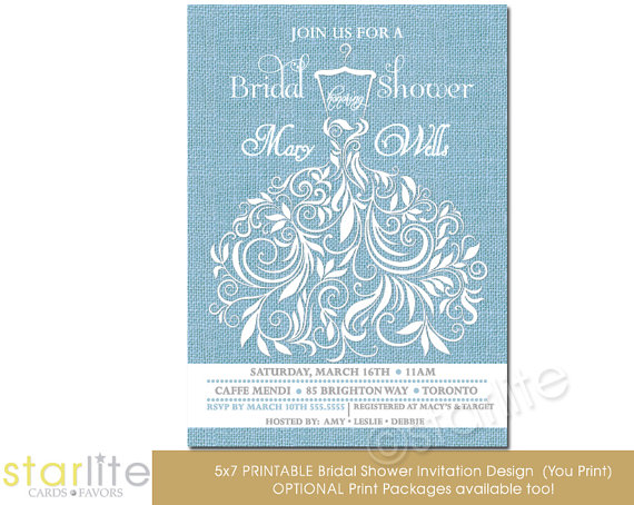 زفاف - Bridal Shower Invitation Sky Powder Blue Wedding Gown Swirls Invitation Vintage Script Printable Digital or Printed