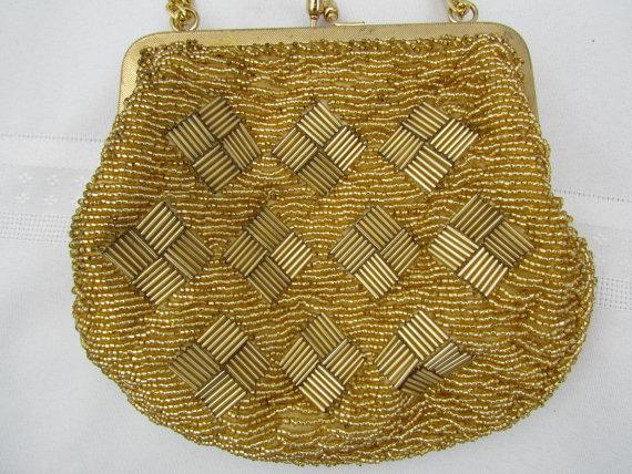 Свадьба - Gold Beaded Bag Purse Bridesmaid Clutch Evening Bags Gold Chain Handle Wedding Evening Clutch Bag Art Deco Madig Hand Beaded Bags