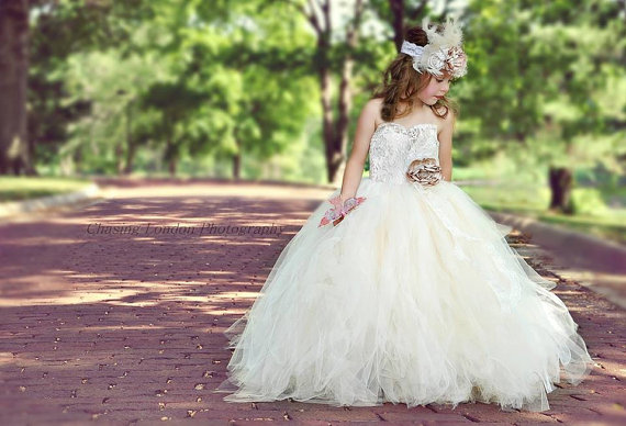 Wedding - burlap and lace wedding flower girl dress custom champagne and ivory lace tutu dress