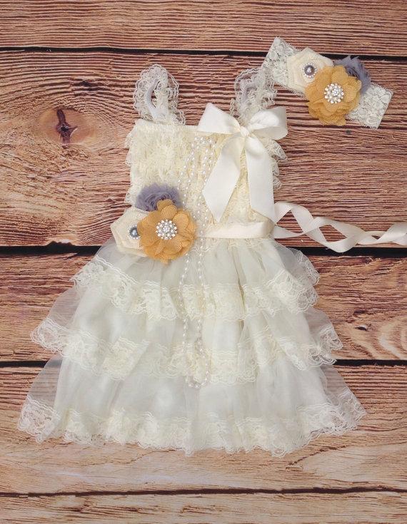 Hochzeit - Ivory Cream Grey Mustard Lace BurlapToddler Baby Girl Dress, Burlap Flower, Ivory Cream Flower Girl Dress, Rustic Wedding, Vintage Dress