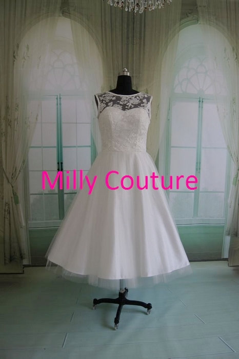 Mariage - Marilyn- tea length vintage 1950 wedding dress, bruidsjurk 1950, fifty wedding dress, classic 50s style bridal gown, tea length wedding gown