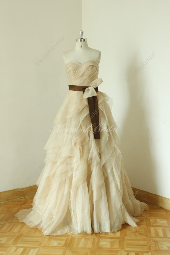 Wedding - Champange Elegant ruched  a line flowy organza wedding dress, Ruffled wedding dresses, Bridal dress, Bridal gowns with brown sash