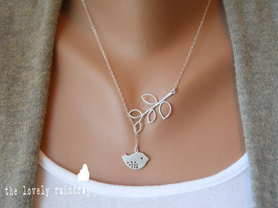 Свадьба - Detailed Bird and Branch Lariat - Silver Jewelry - Wedding Jewelry - Dainty - Minimalist - Gift For - Bridesmaid Gift - The Lovely Raindrop