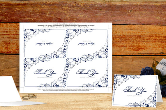 Wedding - Diy Wedding Thank You Foldover Cards - DOWNLOAD Instantly - EDITABLE NAMES - Chic Bouquet (Navy & Silver) 3.5 x 5 - Ms Word® Format