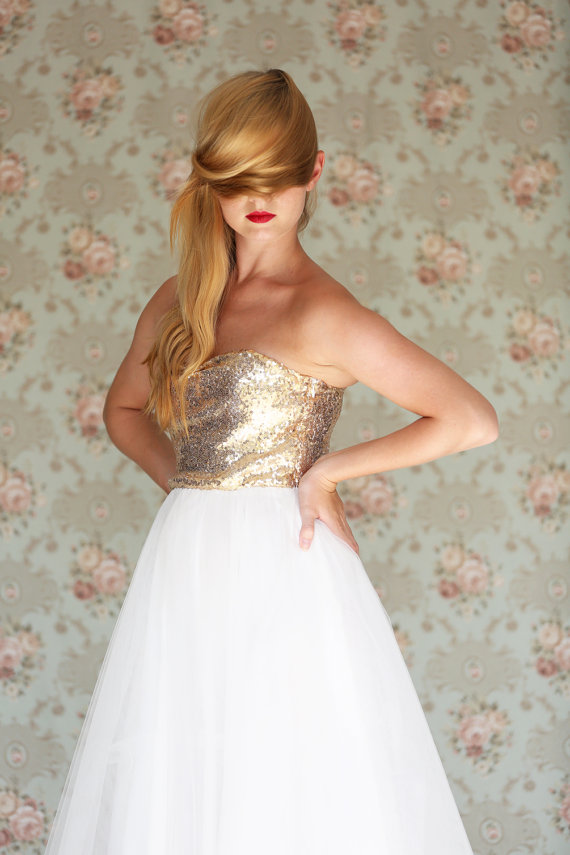 Hochzeit - Gold Sequin strapless Wedding Dress, ivory tea length tulle dress - Made to order