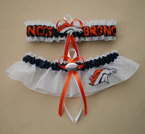 Hochzeit - Denver Broncos Fabric Logo  Wedding Garter Set Prom  Football Charm White Organza