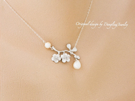 زفاف - Cherry blossom Necklace, Pearl Necklace, Mother's Necklace, Sister, Bridesmaid Gift, Wedding Jewelry, Wedding Party Gift, Maid of Honor Gift