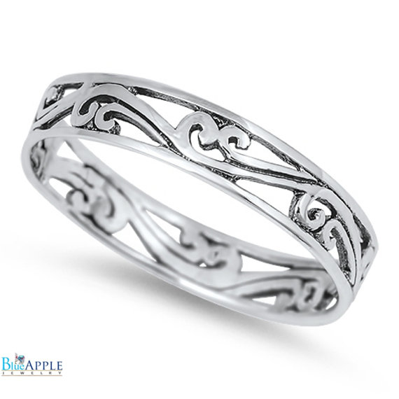 Mariage - 4mm Filigree Band Solid 925 Sterling Silver Wedding Engagement Anniversary Classic His Hers Band Ring Filigree Design Size 4-12