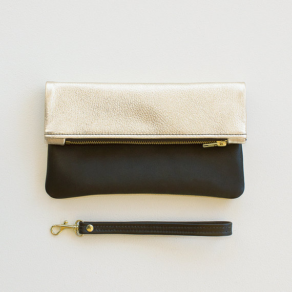 Mariage - Platinum and Black Fold Over Clutch, Metallic Platinum Gold and Black Leather Fold Over Wristlet, Leather Wedding Clutch, Evening Clutch