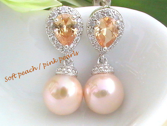 زفاف - Pink Pearl Wedding Earrings - Bridal Peach Champagne & Cubic Zirconia Sparkly Drop Maid of Honor Bridesmaid Jewelry Gifts