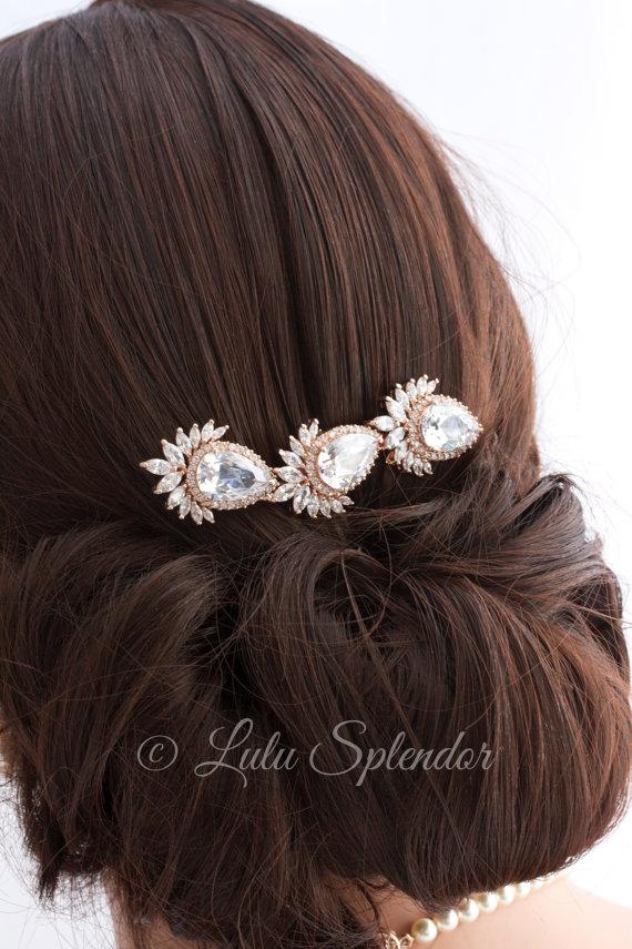 Hochzeit - Bridal Comb Rose Gold Wedding Hair Accessory Crystal Hair Clip CZ Wedding Veil Slide EDITH