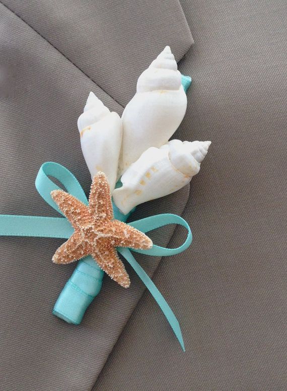 Hochzeit - Beach Wedding Seashell And Starfish Boutonniere With Your Choice Of Ribbon Color - Lapel Pin Nautical Coastal