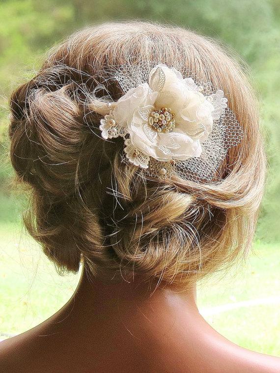 Mariage - Champagne Bridal Hair Flower Clip, Hair Accessory, Bridal Hair Flower, Wedding Hair Piece, Gold Pearl Rhinestone Tulle Lace Hair Flower