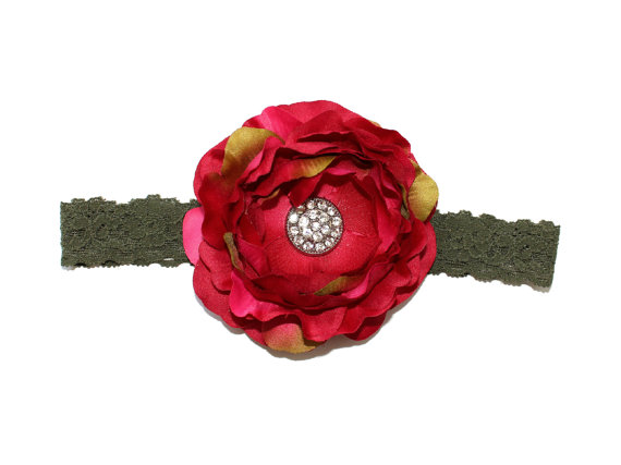 Hochzeit - Large Cranberry Silk Flower on Olive Green Lace Elastic headband with Pave Rhinestone Button Center - Valentine's, Spring