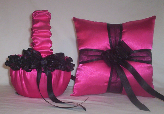 Hochzeit - Fuchsia Hot Pink Satin With Black Lace  Flower Girl Basket And Ring Bearer Pillow Set 3
