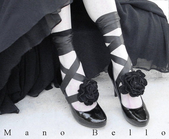 Mariage - Black Leather Flower Bootstraps, Leather Flower Headbands, Spats Alternative, Steampunk Weddings, Black Weddings, custom made
