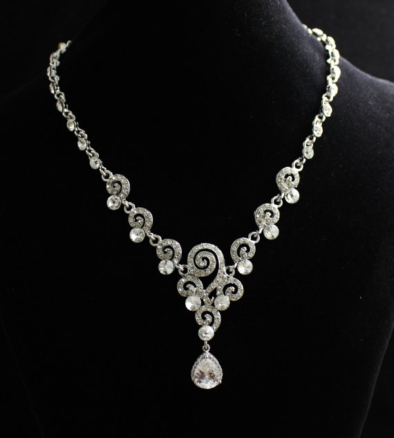 Mariage - Crystal Bridal Necklace, Art Deco Pave Crystal Necklace, Wedding Jewelry, Bridal Jewelry,  SIAN