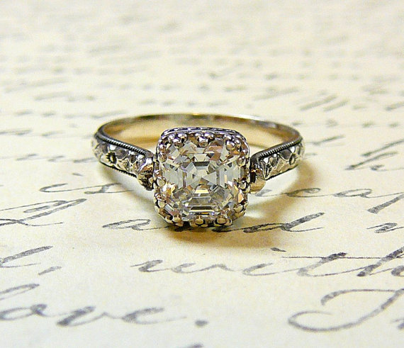 زفاف - Vintage Engagement Sterling Silver Swarovski Asscher CZ Ring with Tiara Crown Bezel