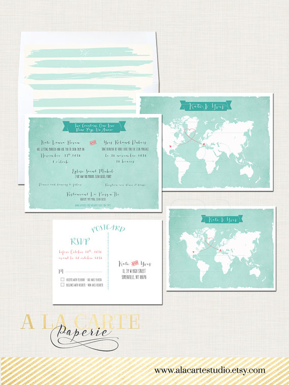 Mariage - Two Countries, One Love Bilingual World Map French-English Customizable language Wedding Invitation and RSVP Postcards - Design fee