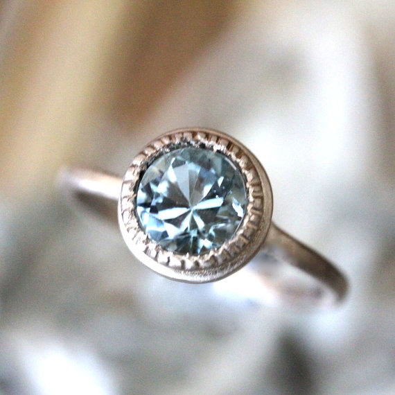 Wedding - Aquamarine 14K Palladium White Gold Ring, Gemstone Ring, Milgrain Inspired, Eco Friendly, Engagement Ring - Made To Order