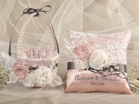 Wedding - Flower Girl Basket & Ring Bearer Pillow Set, Custom Embroidery