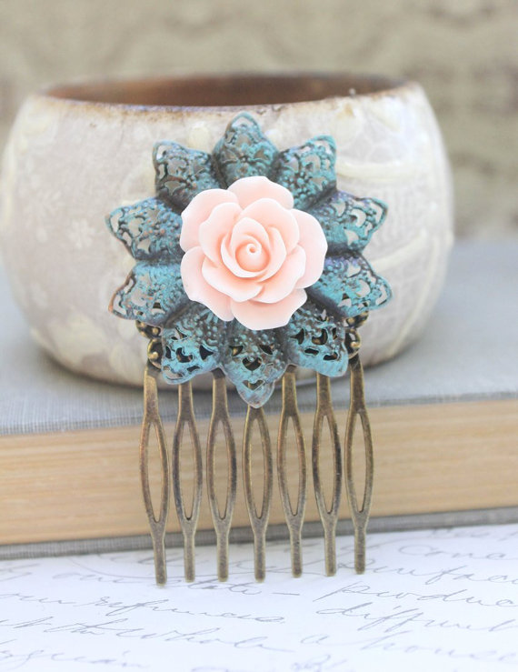 Wedding - Pink Rose Comb Flower Hair Combs Bridal Wedding Hair Accessories Shabby Chic Pink Peach Rose Patina Antique Brass Filigree Metal Hair Combs