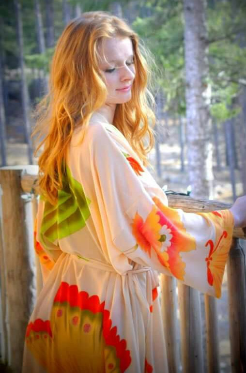 Mariage - 1920 style  kimono dressing gown printed crepe monarch butterfly- bridesmaid gift- Pre Wedding Prop
