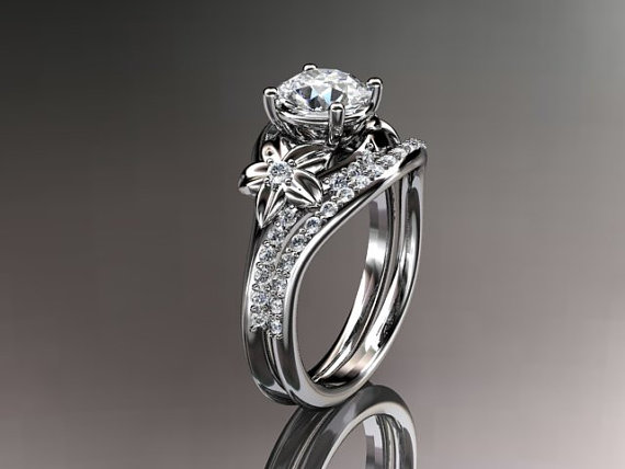 زفاف - 14kt  white gold diamond floral wedding ring,engagement ring set ADLR125S