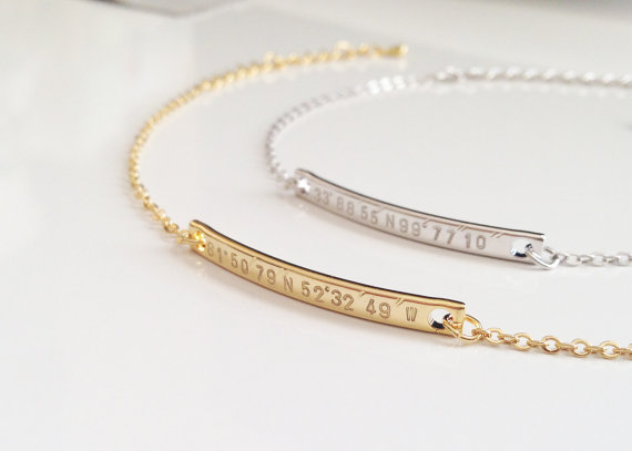 Hochzeit - Super Dainty GPS Coordinate Bracelet, Personalized Gold Bar Silver Bar Bracelet, GPS Coordinate Bracelet, Bridesmaid Gift, Holiday Gift