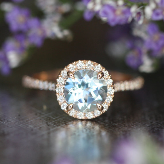 زفاف - Natural Aquamarine Halo Engagement Ring in 14k Rose Gold Half Diamond Eternity Band 7x7mm Gemstone Aquamarine Ring (Wedding Set Available)