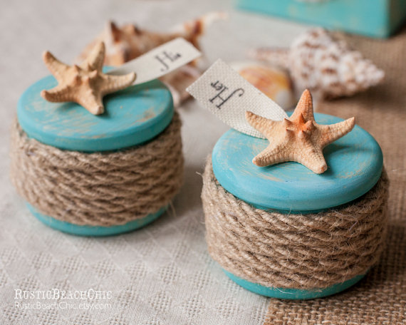 Wedding - Set of 2 Beach Personalized Ring Bearer Ring Boxes with starfish and shell