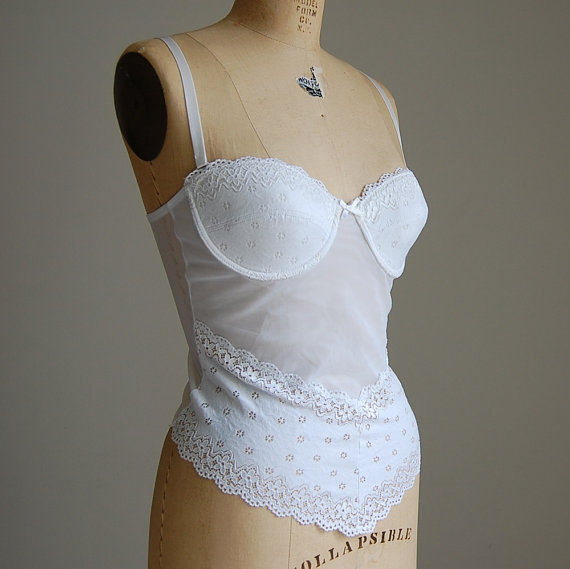 Hochzeit - vintage white bustier bra top / eyelet and mesh corset top
