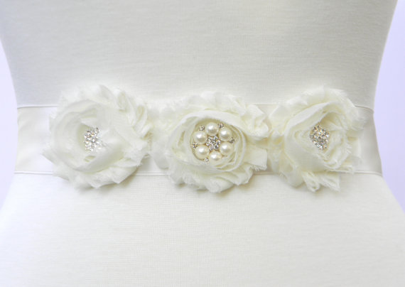 Hochzeit - Ivory Flower Girl Sash Belt and Hair Clip Set - Pearl and Rhinestone Flower Girl Dress Belt - Chiffon Flower All Ivory Sash & Hair Pin