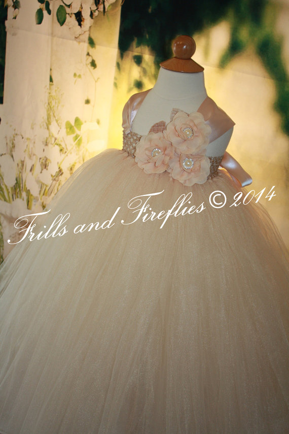 Wedding - Champagne Flower girl dress, Champagne Flowers & Satin Ribbon Shoulder Straps, Weddings, Special Occasions 18-24 Mo 2t,3t,4t,5t, 6