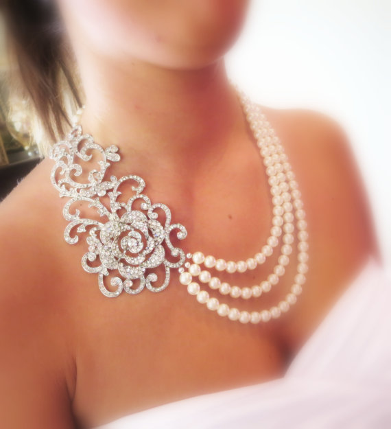Mariage - Bridal statement necklace, wedding jewelry, pearl necklace, wedding necklace, rhinestone necklace