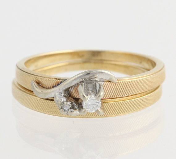 Wedding - Diamond Engagement & Wedding Ring Set - 14k Yellow and White Gold Natural .05ctw x785